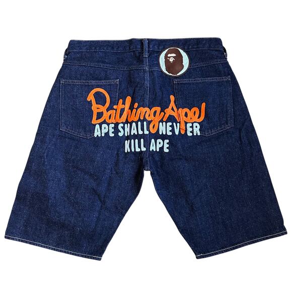 L 34 Waist Bape Jean Shorts Wrangler Champion Logo Embroidered - Picture 1 of 5